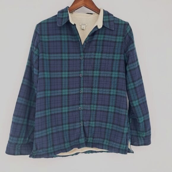 L.L. Bean Fleece Lined Black Watch Plaid Button Up Shacket‎ Size Small - Picture 1 of 7